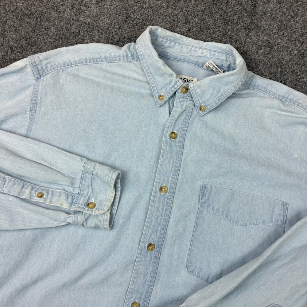 Basic Editions Mens Large Light Wash Denim Long Sleeve Button Down Shirt Cotton